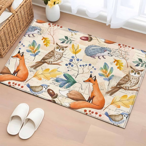 Area Rug 2 x 3 Ft, Fall Indoor Accent Bathroom Rugs for Kitchen/Laundry Room, Cute Fox Hedgehog Owl Thanksgiving Autumn Leaves Washable Non-Slip Runner Floor Mat for Entryway, Living Room