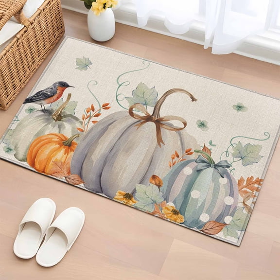 Area Rug 2 x 3 Ft, Fall Indoor Accent Bathroom Rugs for Kitchen/Laundry Room, Orange Green Pumpkins Thanksgiving Bird Leaf Washable Non-Slip Runner Floor Mat for Entryway, Living Room