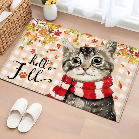 Area Rug 2 x 3 Ft, Fall Indoor Accent Bathroom Rugs for Kitchen/Laundry Room, Thanksgiving Autumn Cat Leaves Retro Maple Leaf Beige Plaid Washable Non-Slip Runner Floor Mat for Entryway, Living Room