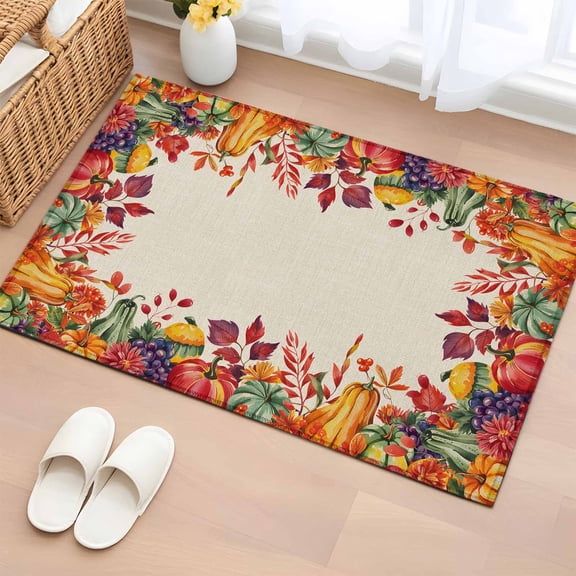 Area Rug 2 x 3 Ft, Fall Indoor Accent Bathroom Rugs for Kitchen/Laundry Room, Thanksgiving Maple Leafes Fall Autumn Pumpkin Washable Non-Slip Runner Floor Mat for Entryway, Living Room