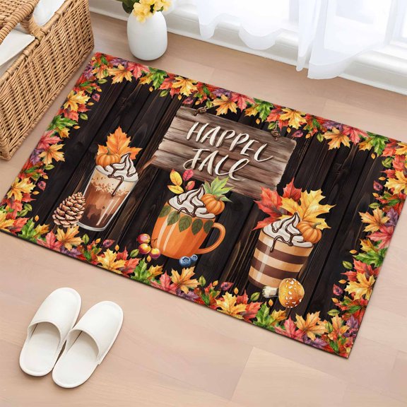 Area Rug 2 x 3 Ft, Fall Indoor Accent Bathroom Rugs for Kitchen/Laundry Room, Thanksgiving Maple Leaves Coffee Pine Cones Washable Non-Slip Runner Floor Mat for Entryway, Living Room