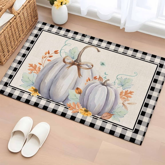 Area Rug 2 x 3 Ft, Fall Indoor Accent Bathroom Rugs for Kitchen/Laundry Room, Thanksgiving Pumpkins Autumn Leaf Black Plaid Washable Non-Slip Runner Floor Mat for Entryway, Living Room