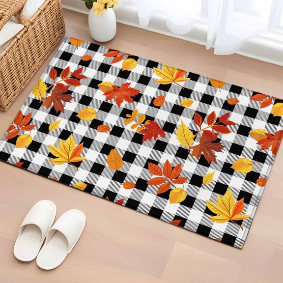 Area Rug 2 x 3 Ft, Fall Maple Leaves Indoor Accent Bathroom Rugs for Kitchen/Laundry Room, Thanksgiving Botanical Black Plaid Washable Non-Slip Runner Floor Mat for Entryway, Living Room