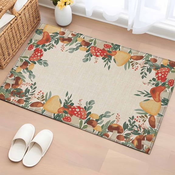 Area Rug 2 x 3 Ft, Fall Mushrooms Indoor Accent Bathroom Rugs for Kitchen/Laundry Room, Autumn Green Eucalyptus Leaves Plants Washable Non-Slip Runner Floor Mat for Entryway, Living Room