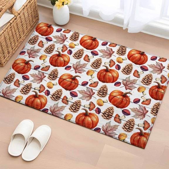 Area Rug 2 x 3 Ft, Fall Orange Pumpkin Indoor Accent Bathroom Rugs for Kitchen/Laundry Room, Thanksgiving Maple Autumn Pine Cone Washable Non-Slip Runner Floor Mat for Entryway, Living Room