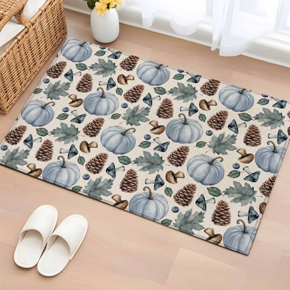 Area Rug 2 x 3 Ft, Fall Pumpkin Maple Indoor Accent Bathroom Rugs for Kitchen/Laundry Room, Thanksgiving Mushrooms Rustic Pine Cone Washable Non-Slip Runner Floor Mat for Entryway, Living Room
