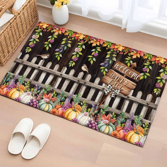 Area Rug 2 x 3 Ft, Fall Pumpkins Indoor Accent Bathroom Rugs for Kitchen/Laundry Room, Autumn Leaves Thanksgiving Country Fence Washable Non-Slip Runner Floor Mat for Entryway, Living Room