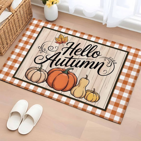 Area Rug 2 x 3 Ft, Fall Pumpkins Indoor Accent Bathroom Rugs for Kitchen/Laundry Room, Thanksgiving Maple Orange Plaid Farm Wood Washable Non-Slip Runner Floor Mat for Entryway, Living Room