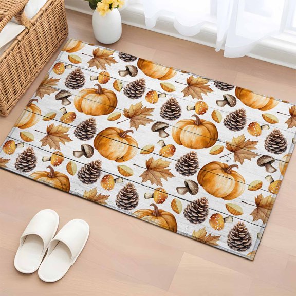 Area Rug 2 x 3 Ft, Fall Pumpkins Indoor Accent Bathroom Rugs for Kitchen/Laundry Room, Thanksgiving Maple Pine Cone Rustic Mushrooms Washable Non-Slip Runner Floor Mat for Entryway, Living Room