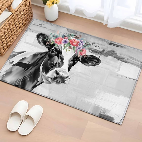 Area Rug 2 x 3 Ft, Farm Cow Indoor Accent Bathroom Rugs for Kitchen/Laundry Room, Farmhouse Retro Black White Animals Flowers Washable Non-Slip Runner Floor Mat for Entryway, Living Room