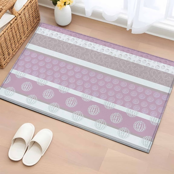 Area Rug 2 x 3 Ft, Farm Fruits Indoor Accent Bathroom Rugs for Kitchen/Laundry Room, Watermelon Lemons Peach Pink Grey Striped Washable Non-Slip Runner Floor Mat for Entryway, Living Room