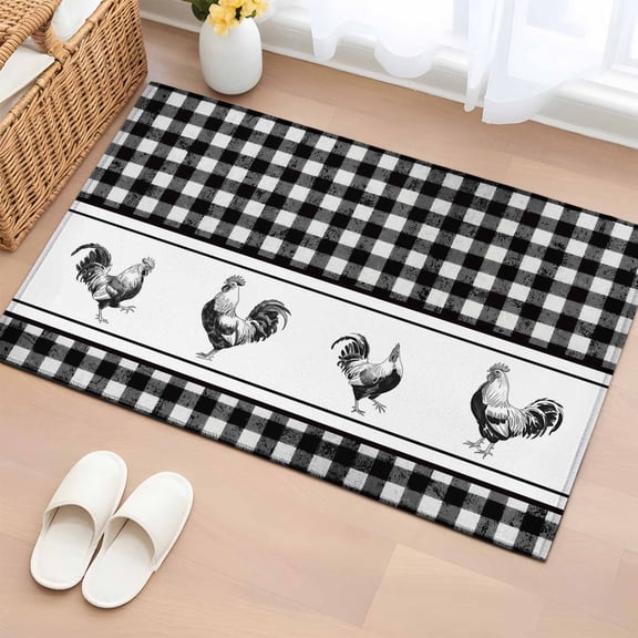 Area Rug 2 x 3 Ft, Farmhouse Black Plaid Indoor Accent Bathroom Rugs for Kitchen/Laundry Room, Vintage Country Cock Checkered Washable Non-Slip Runner Floor Mat for Entryway, Living Room