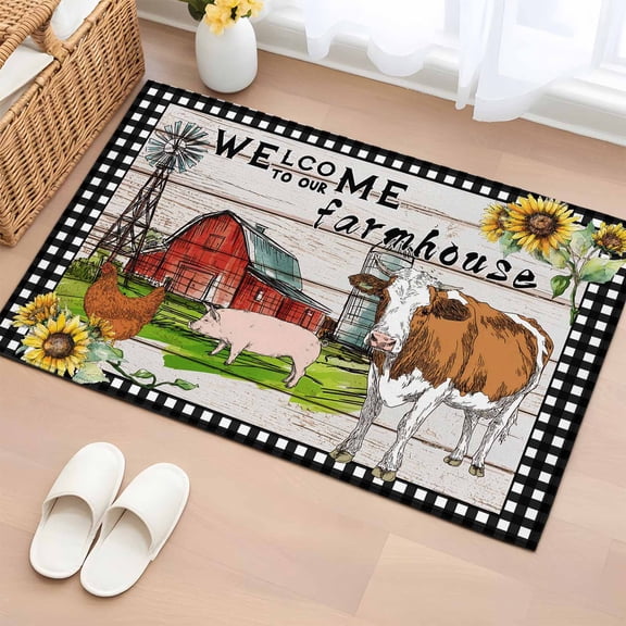 Area Rug 2 x 3 Ft, Farmhouse Cow Indoor Accent Bathroom Rugs for Kitchen/Laundry Room, Country Sunflowers Pig Cabin Barn Wooden Washable Non-Slip Runner Floor Mat for Entryway, Living Room
