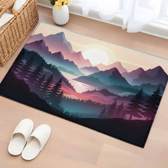 Area Rug 2 x 3 Ft, Farmhouse Mountain Indoor Accent Bathroom Rugs for Kitchen/Laundry Room, Country Cabin Nature Sunrise Forest Washable Non-Slip Runner Floor Mat for Entryway, Living Room