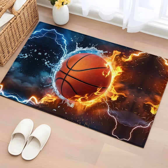 Area Rug 2 x 3 Ft, Fire Basketball Indoor Accent Bathroom Rugs for Kitchen/Laundry Room, Splashing Blue Red Water Fire Washable Non-Slip Runner Floor Mat for Entryway, Living Room