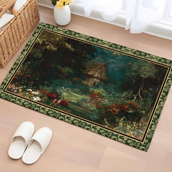 Area Rug 2 x 3 Ft, Forest Indoor Accent Bathroom Rugs for Kitchen/Laundry Room, Spring Oil Painting Country Cabin Trees Flower Washable Non-Slip Runner Floor Mat for Entryway, Living Room