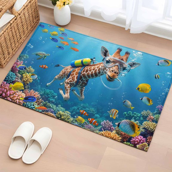 Area Rug 2 x 3 Ft, Funny Diving Giraffe Indoor Accent Bathroom Rugs for Kitchen/Laundry Room, Ocean Coastal Coral Fish Marine Life Washable Non-Slip Runner Floor Mat for Entryway, Living Room