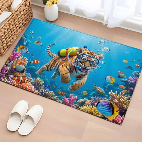 Area Rug 2 x 3 Ft, Funny Diving Tiger Indoor Accent Bathroom Rugs for Kitchen/Laundry Room, Ocean Sea Coastal Coral Fish Marine Life Washable Non-Slip Runner Floor Mat for Entryway, Living Room