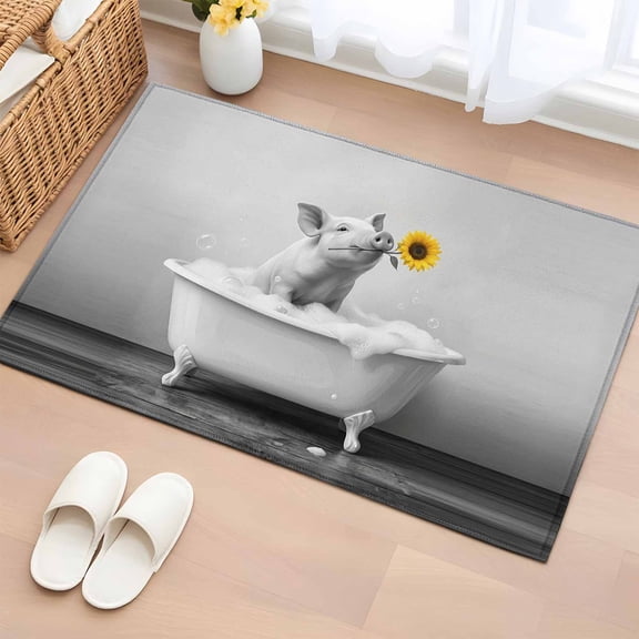 Area Rug 2 x 3 Ft, Funny Pig Indoor Accent Bathroom Rugs for Kitchen/Laundry Room, Cute Art Vintage Lovely Animals on Bathtub Washable Non-Slip Runner Floor Mat for Entryway, Living Room