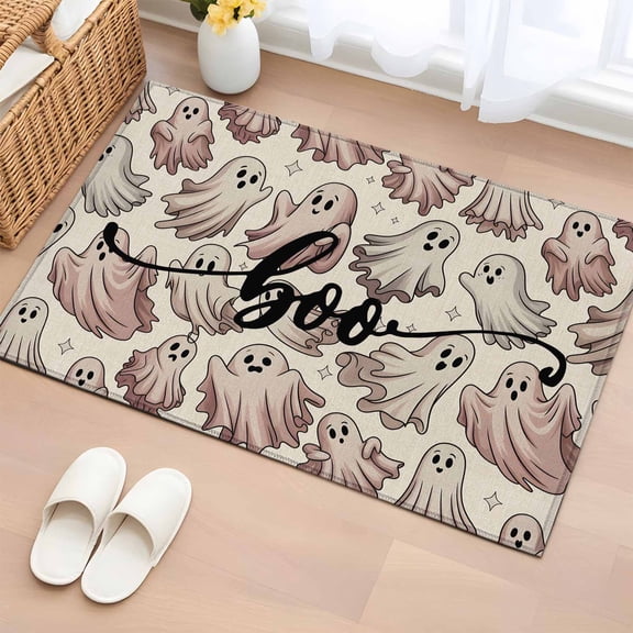 Area Rug 2 x 3 Ft, Ghost Halloween Indoor Accent Bathroom Rugs for Kitchen/Laundry Room, Cute White Pink Rustic Washable Non-Slip Runner Floor Mat for Entryway, Living Room
