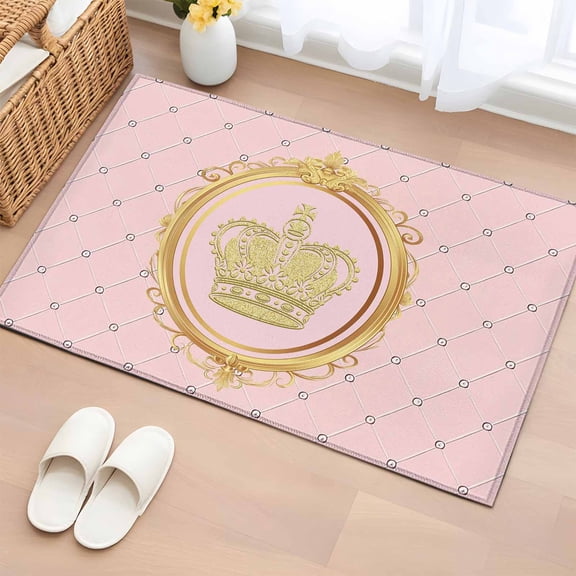 Area Rug 2 x 3 Ft, Golden Crown Indoor Accent Bathroom Rugs for Kitchen/Laundry Room, Pink Cartoon Funny Geometric Plaid Art Washable Non-Slip Runner Floor Mat for Entryway, Living Room
