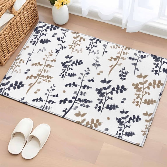 Area Rug 2 x 3 Ft, Grey Brown Botanical Indoor Accent Bathroom Rugs for Kitchen/Laundry Room, Watercolor Spring Floral Summer Leaf Washable Non-Slip Runner Floor Mat for Entryway, Living Room