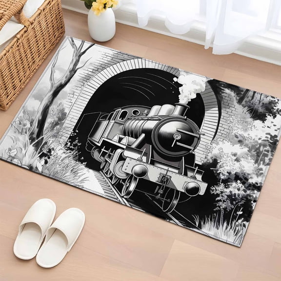 Area Rug 2 x 3 Ft, Grey Trains Indoor Accent Bathroom Rugs for Kitchen/Laundry Room, Black White Vintage Tunnels Hand Print Art Washable Non-Slip Runner Floor Mat for Entryway, Living Room