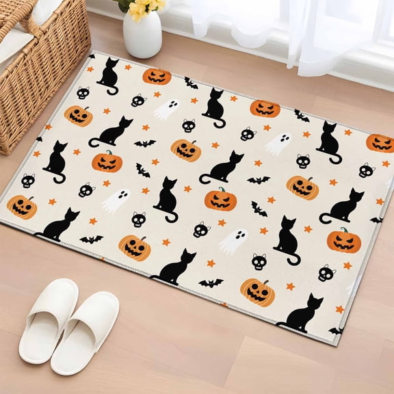 Area Rug 2 x 3 Ft, Halloween Ghost Indoor Accent Bathroom Rugs for Kitchen/Laundry Room, Beige Orange Pumpkin Cat Stars Bat Washable Non-Slip Runner Floor Mat for Entryway, Living Room
