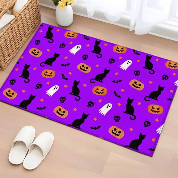 Area Rug 2 x 3 Ft, Halloween Ghost Indoor Accent Bathroom Rugs for Kitchen/Laundry Room, Purple Orange Pumpkin Cat Stars Bat Washable Non-Slip Runner Floor Mat for Entryway, Living Room