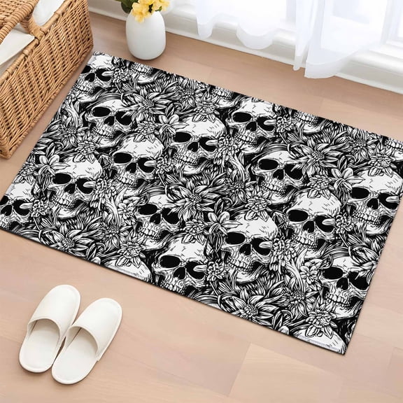 Area Rug 2 x 3 Ft, Halloween Indoor Accent Bathroom Rugs for Kitchen/Laundry Room, Black Grey Skull Skeletons Flowers Washable Non-Slip Runner Floor Mat for Entryway, Living Room