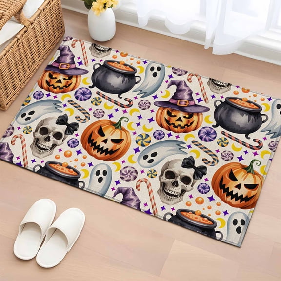 Area Rug 2 x 3 Ft, Halloween Indoor Accent Bathroom Rugs for Kitchen/Laundry Room, Cute Ghost Candy Pumpkin Stars Skeleton Washable Non-Slip Runner Floor Mat for Entryway, Living Room