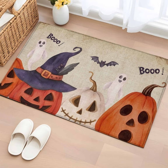 Area Rug 2 x 3 Ft, Halloween Indoor Accent Bathroom Rugs for Kitchen/Laundry Room, Ghost Bat Pumpkin Trick Or Treat Beige Washable Non-Slip Runner Floor Mat for Entryway, Living Room