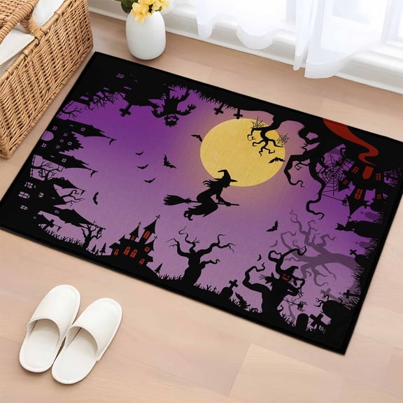 Area Rug 2 x 3 Ft, Halloween Indoor Accent Bathroom Rugs for Kitchen/Laundry Room, Modern Castle Witch Forest Moon Purple Washable Non-Slip Runner Floor Mat for Entryway, Living Room