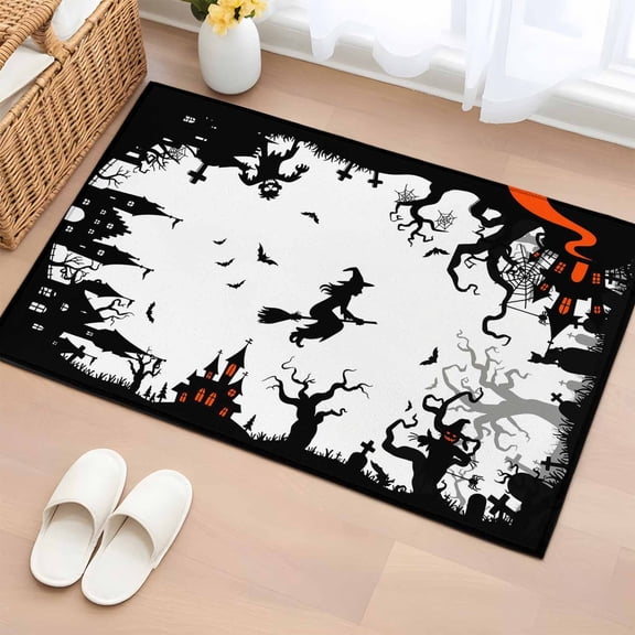 Area Rug 2 x 3 Ft, Halloween Indoor Accent Bathroom Rugs for Kitchen/Laundry Room, Scary Cartoon Black Castle Forest Trees Washable Non-Slip Runner Floor Mat for Entryway, Living Room