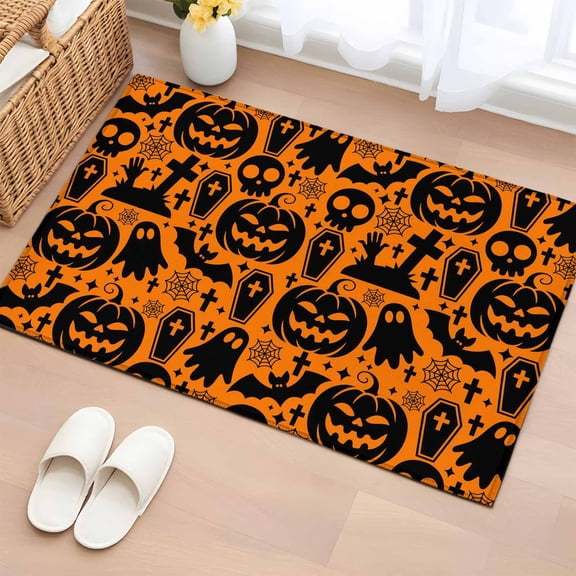 Area Rug 2 x 3 Ft, Halloween Indoor Accent Bathroom Rugs for Kitchen/Laundry Room, Spooky Pumpkin Fall Horror Skull Bones Ghost Washable Non-Slip Runner Floor Mat for Entryway, Living Room