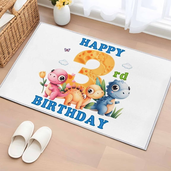 Area Rug 2 x 3 Ft, Happy 3rd Birthday Indoor Accent Bathroom Rugs for Kitchen/Laundry Room, Cartoon Cute Pink Yellow Blue Dinosaurs Floral Washable Non-Slip Runner Floor Mat for Entryway, Living Room