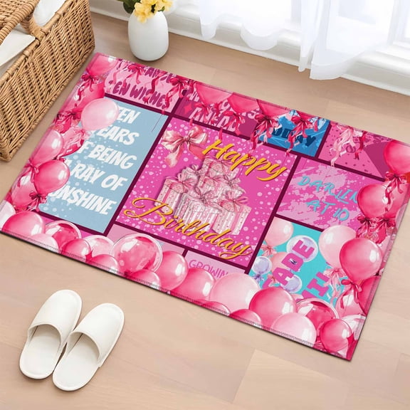 Area Rug 2 x 3 Ft, Happy Birthday Indoor Accent Bathroom Rugs for Kitchen/Laundry Room, Pink Balloons Bows Polka Dot Cakes Washable Non-Slip Runner Floor Mat for Entryway, Living Room