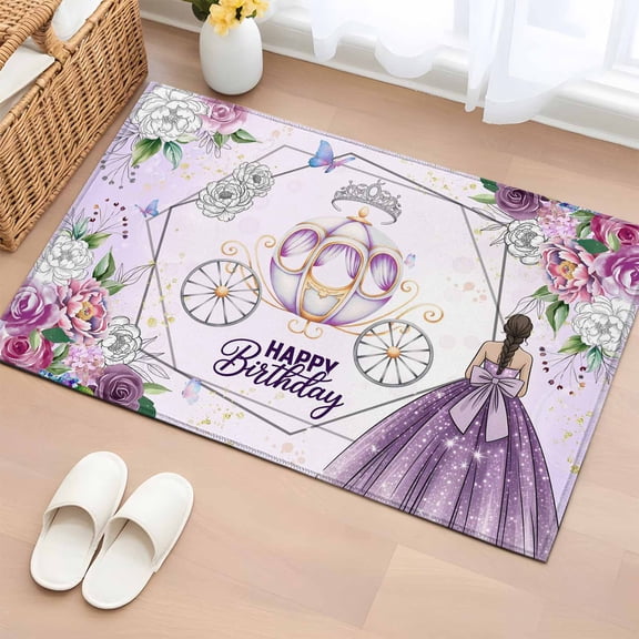 Area Rug 2 x 3 Ft, Happy Birthday Indoor Accent Bathroom Rugs for Kitchen/Laundry Room, Purple Luxury Dress Crown Carriage Flowers Washable Non-Slip Runner Floor Mat for Entryway, Living Room