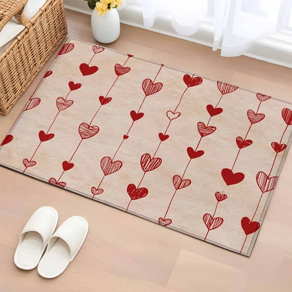 Area Rug 2 x 3 Ft, Happy Valentine's Day Indoor Accent Bathroom Rugs for Kitchen/Laundry Room, Red Love Hearts Romantic Washable Non-Slip Runner Floor Mat for Entryway, Living Room