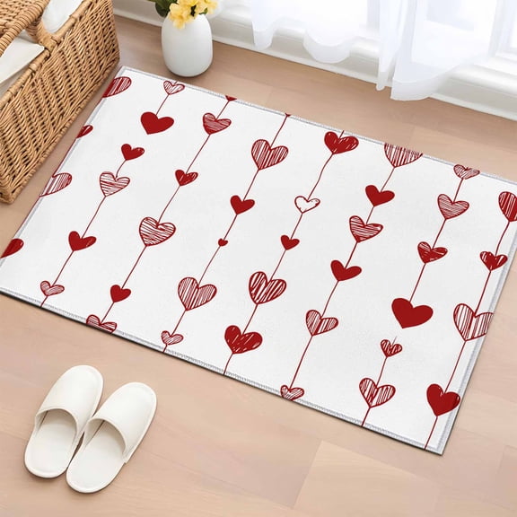 Area Rug 2 x 3 Ft, Happy Valentine's Day Indoor Accent Bathroom Rugs for Kitchen/Laundry Room, Red Love Hearts Watercolor Washable Non-Slip Runner Floor Mat for Entryway, Living Room