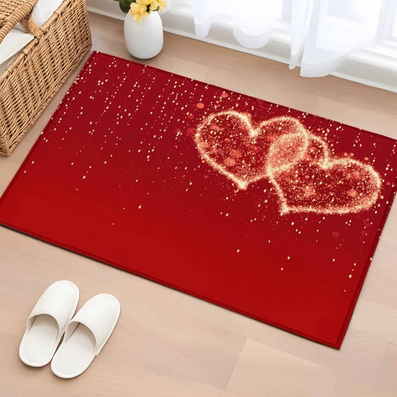 Area Rug 2 x 3 Ft, Happy Valentine's Day Indoor Accent Bathroom Rugs for Kitchen/Laundry Room, Red Shining Love Heart Romantic Washable Non-Slip Runner Floor Mat for Entryway, Living Room