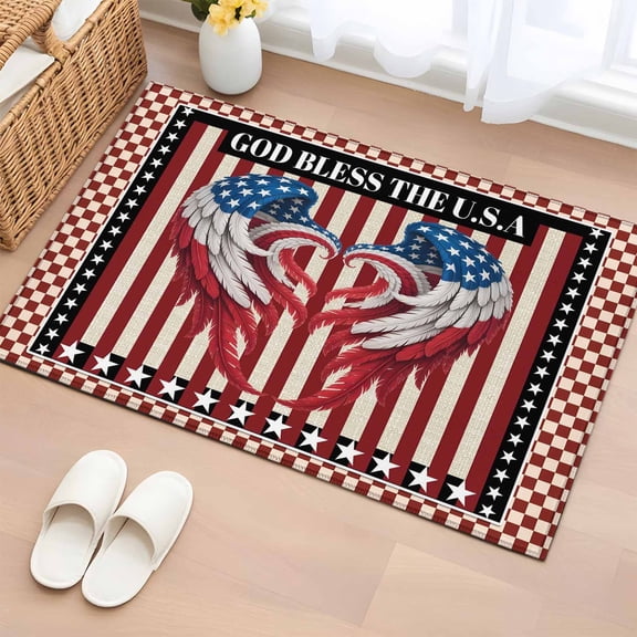 Area Rug 2 x 3 Ft, Independence Day Indoor Accent Bathroom Rugs for Kitchen/Laundry Room, Red Blue U.S Flag Wings Stripes Plaid Washable Non-Slip Runner Floor Mat for Entryway, Living Room