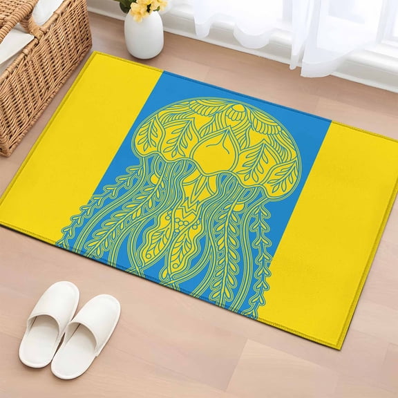 Area Rug 2 x 3 Ft, Jellyfish Blue Indoor Accent Bathroom Rugs for Kitchen/Laundry Room, Boho Tropical Yellow Stripe Summer Abstract Washable Non-Slip Runner Floor Mat for Entryway, Living Room