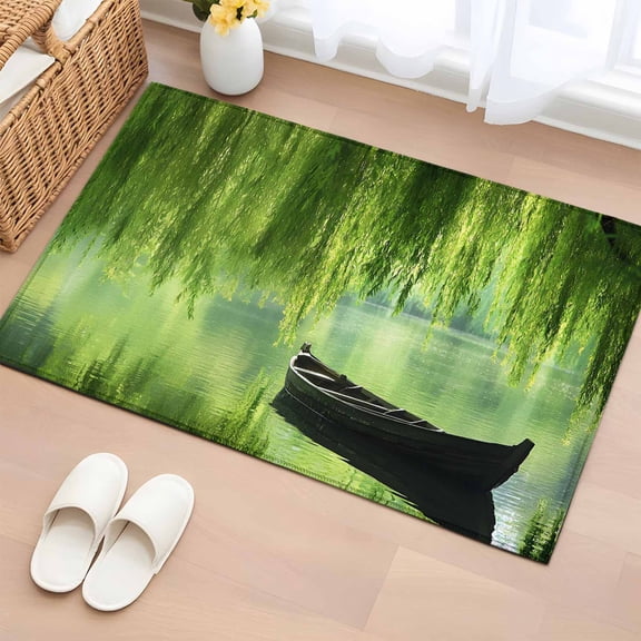Area Rug 2 x 3 Ft, Lake Boat Pastoral Indoor Accent Bathroom Rugs for Kitchen/Laundry Room, Modern Farmhouse Lake Tree Washable Non-Slip Runner Floor Mat for Entryway, Living Room