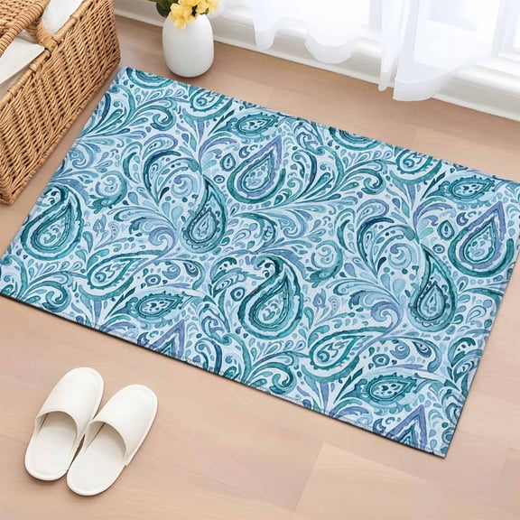 Area Rug 2 x 3 Ft, Light Blue Teal Indoor Accent Bathroom Rugs for Kitchen/Laundry Room, Retro Botanical Abstract Art Washable Non-Slip Runner Floor Mat for Entryway, Living Room