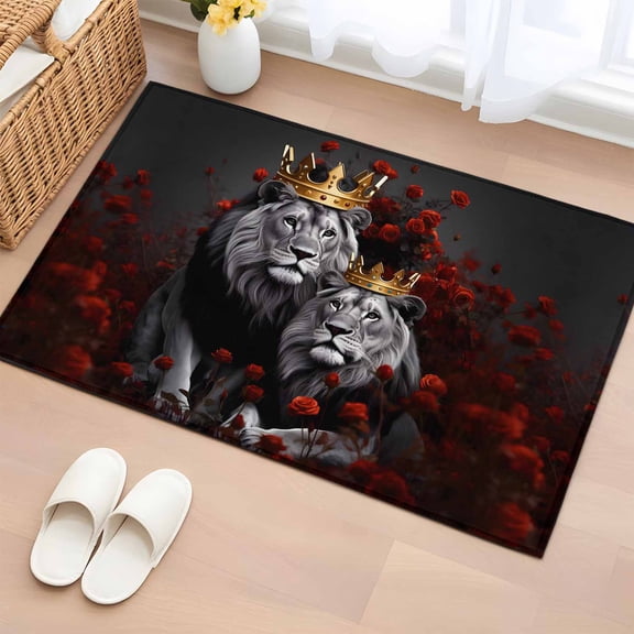 Area Rug 2 x 3 Ft, Lions Couples Indoor Accent Bathroom Rugs for Kitchen/Laundry Room, Valentine's Day Red Roses Crown Animal Washable Non-Slip Runner Floor Mat for Entryway, Living Room