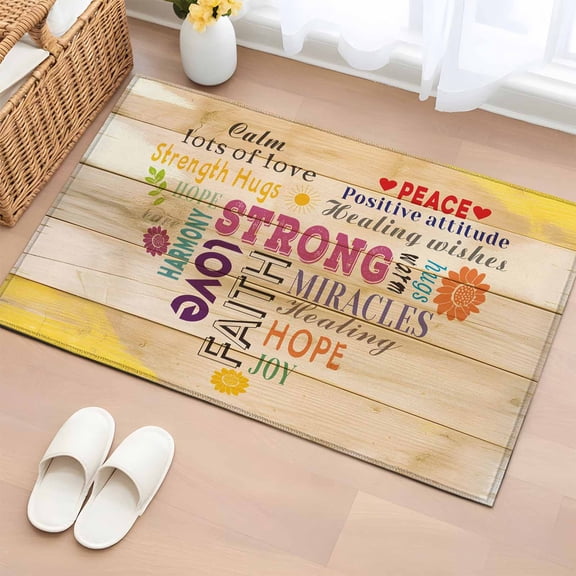 Area Rug 2 x 3 Ft, Love Peace Text Indoor Accent Bathroom Rugs for Kitchen/Laundry Room, Farmhouse Inspirational Quotes Wooden Washable Non-Slip Runner Floor Mat for Entryway, Living Room