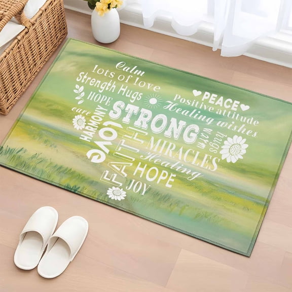 Area Rug 2 x 3 Ft, Love Peace Text Indoor Accent Bathroom Rugs for Kitchen/Laundry Room, Green Inspirational Quotes Sunflowers Washable Non-Slip Runner Floor Mat for Entryway, Living Room