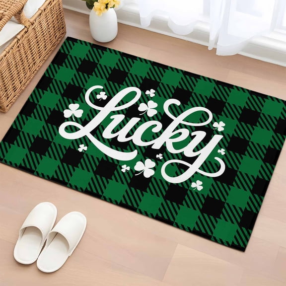Area Rug 2 x 3 Ft, Lucky St. Patrick's Day Indoor Accent Bathroom Rugs for Kitchen/Laundry Room, Green Four-leaf Grass Plaid Washable Non-Slip Runner Floor Mat for Entryway, Living Room