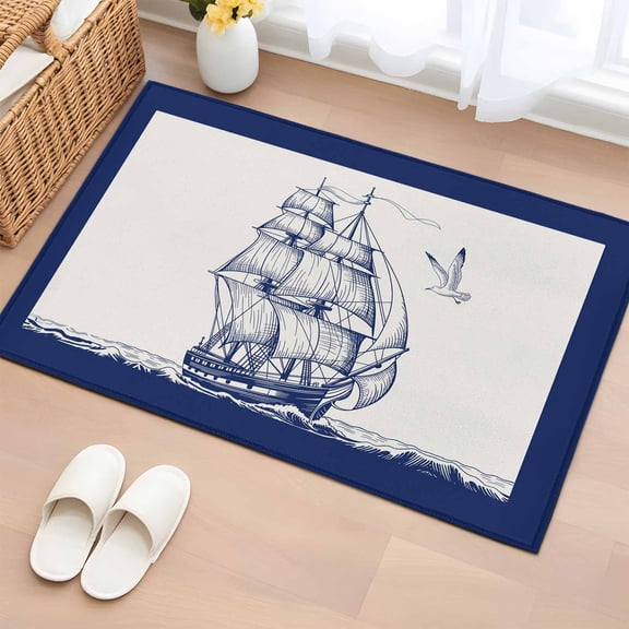 Area Rug 2 x 3 Ft, Nautical Sailboat Indoor Accent Bathroom Rugs for Kitchen/Laundry Room, Navy Blue Ocean Seagull Waves Ship Washable Non-Slip Runner Floor Mat for Entryway, Living Room